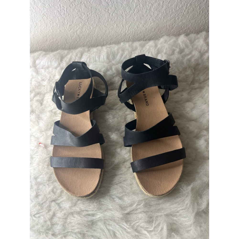 Lucky Brand Glaina Espadrille Leather Sandals Black Women Size 8M